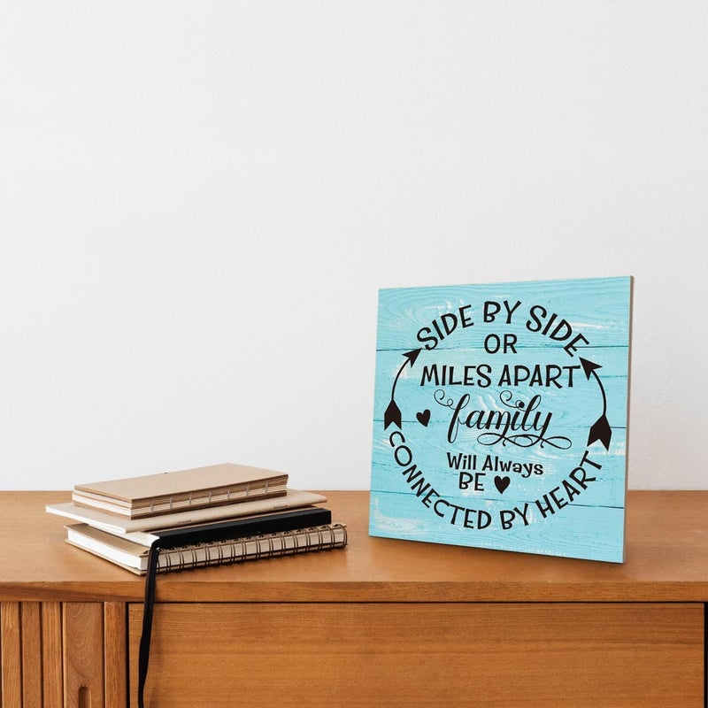 SUSZDOU Family Sign, “Side by Side or Miles Apart, Family Will Always Be Connected by Heart”, Wooden Plaque Table Art Sign 6.2x6.2 Inch, Farmhouse Room Decor, Long Distance Gift for Loved Ones E - Image 4